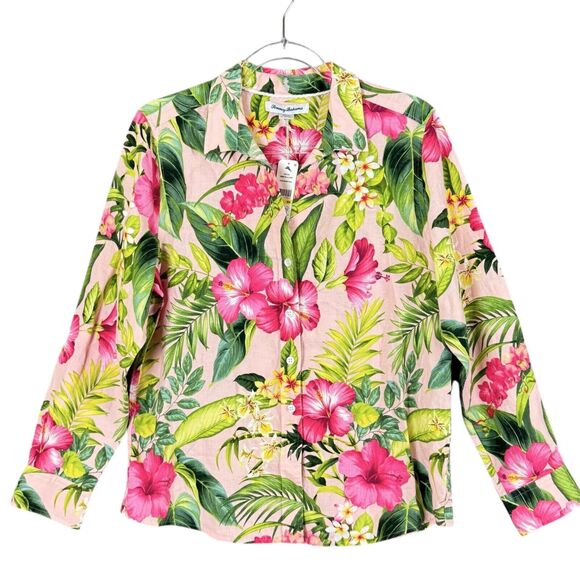 Tommy Bahama Linen Grand Villa L/S Shirt Malibu Peach Hibiscus Orchids NWT $128